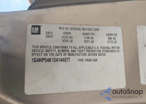 2002 Buick Lesabre Custom from USA, damaged, VIN 1G4HP54K124144977